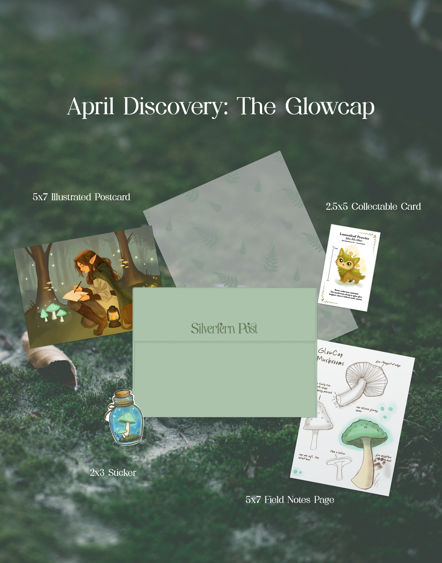 Glowcap mushrooms illustrated postcard, collectible creature card, mushrooms in a jar sticker, and mushroom field notes on a mossy rock background.